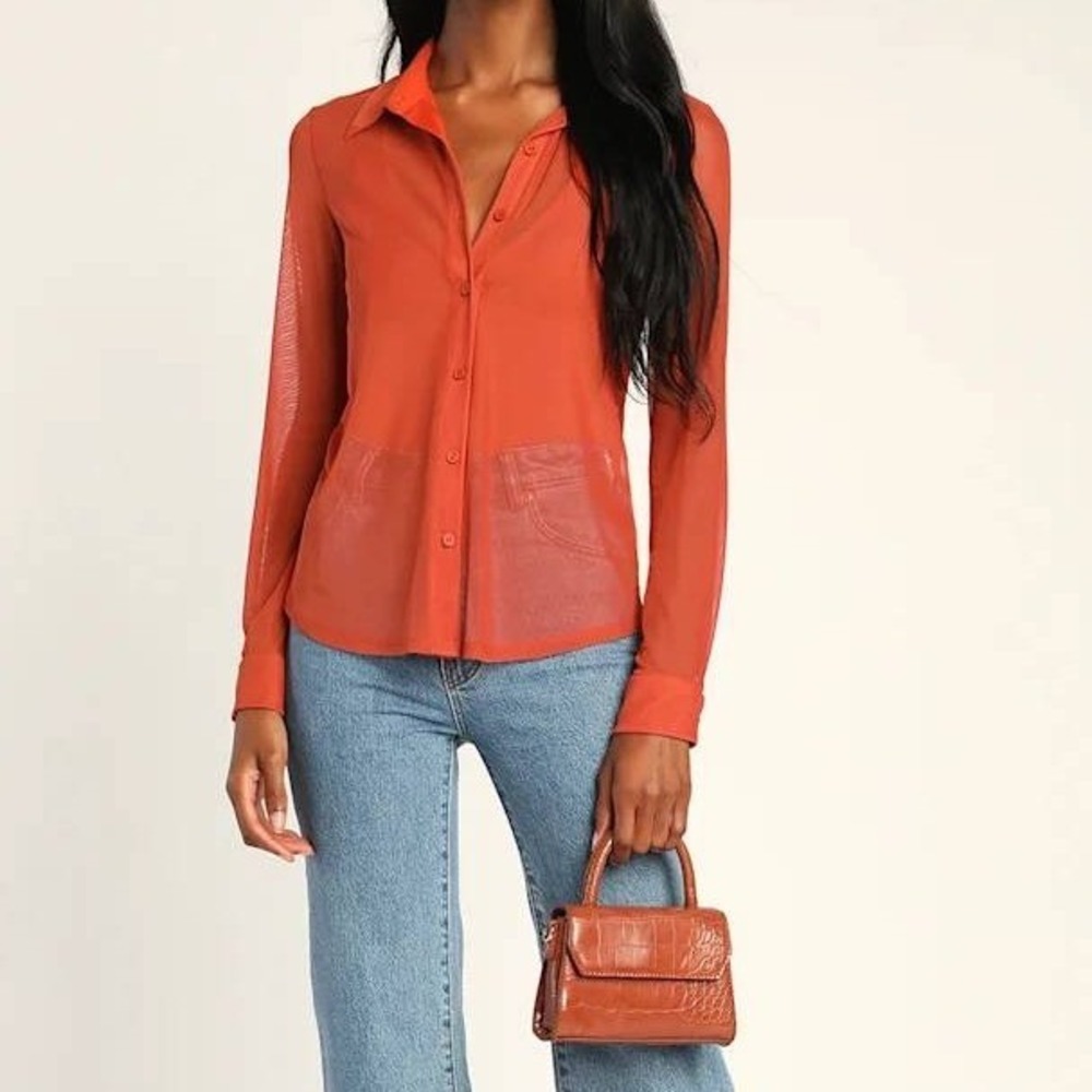 Lulus Cool Attitude Rust Orange Sheer Mesh Button Up Top Long Sleeve Womens SM